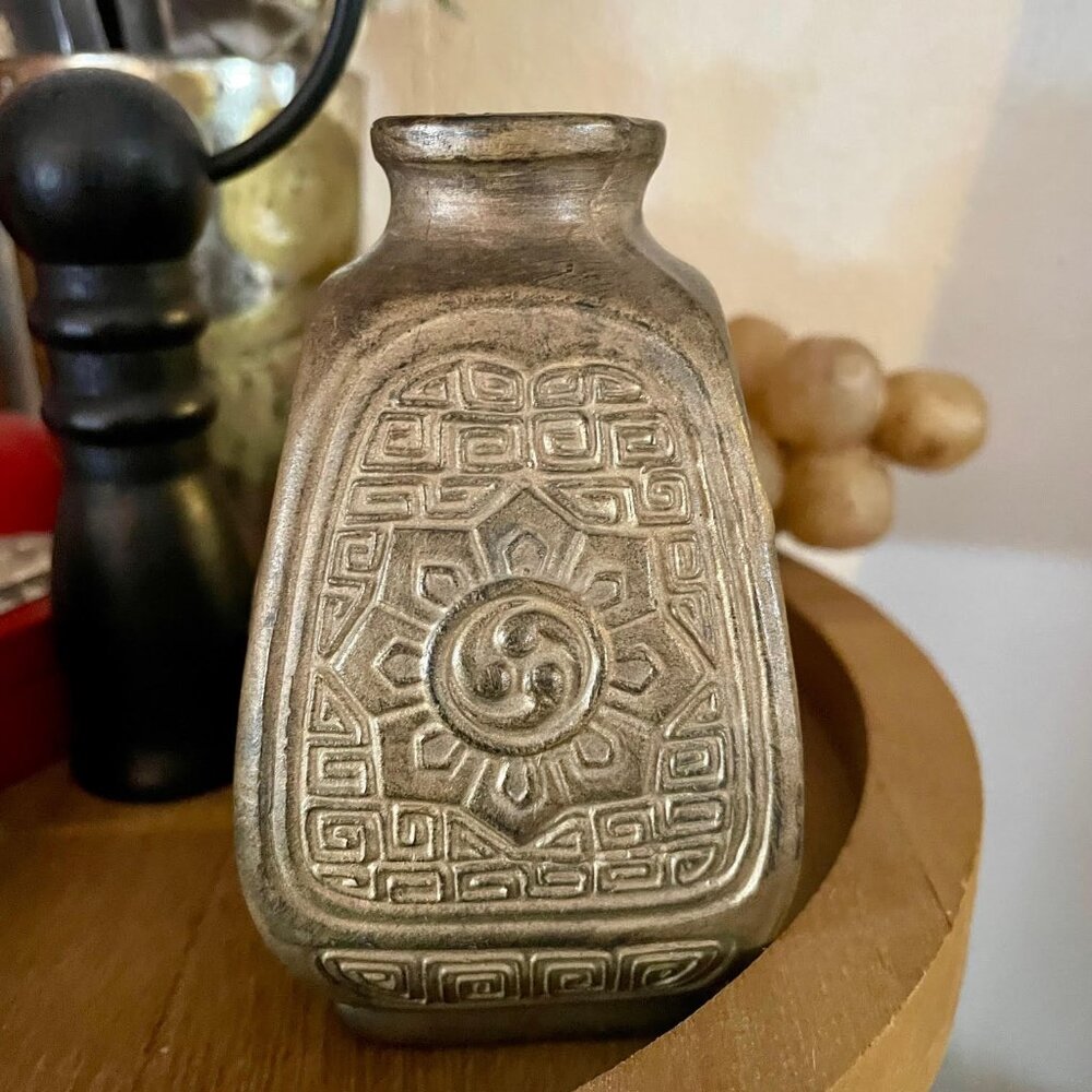 Vintage Japanese Bud Vase or Sake Flask NIPPON Mark Small Brown Relief Pottery